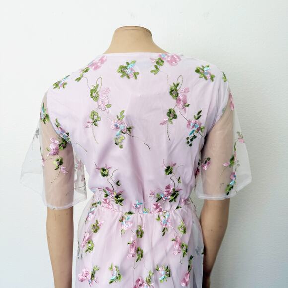 [Shein] Light Pink Floral Embroidered V-Neck Mesh Maxi Dress Wedding NEW Size XL - Picture 5 of 12